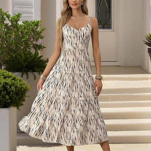 Women's Striped V-Neck Backless Tie Strap Beach Dress - Sexy Elegant Summer Maxi Dress - www.Shopthatapp.com