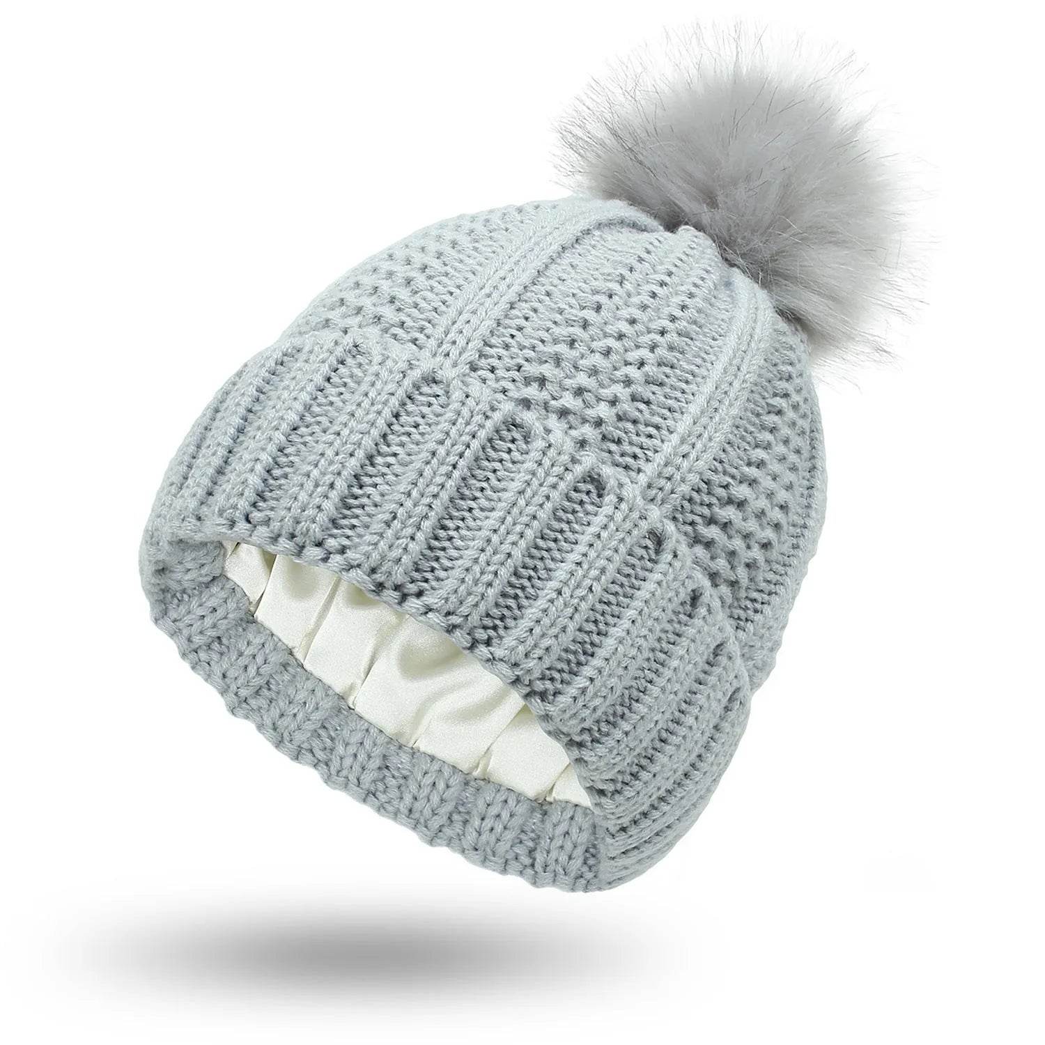 Stretchy Satin Lined Skull Knit  Faux Fur Pom Pom Beanie Hat - www.Shopthatapp.com
