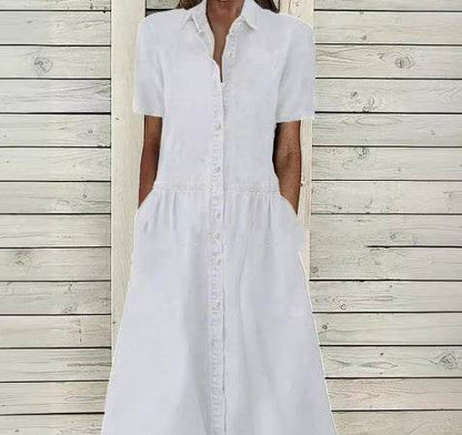 Women's European And American Lapel Casual loose button down Midi Denim jeans Mum Dress - www.Shopthatapp.com