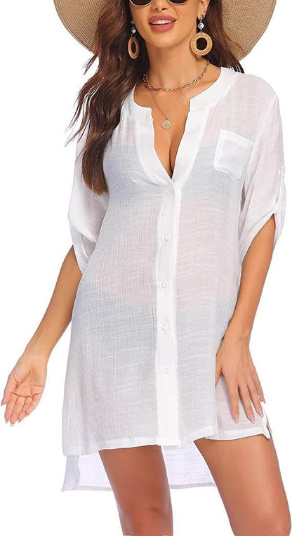 European And American Sun Protection Women Beach Linen Shirt dress - www.Shopthatapp.com
