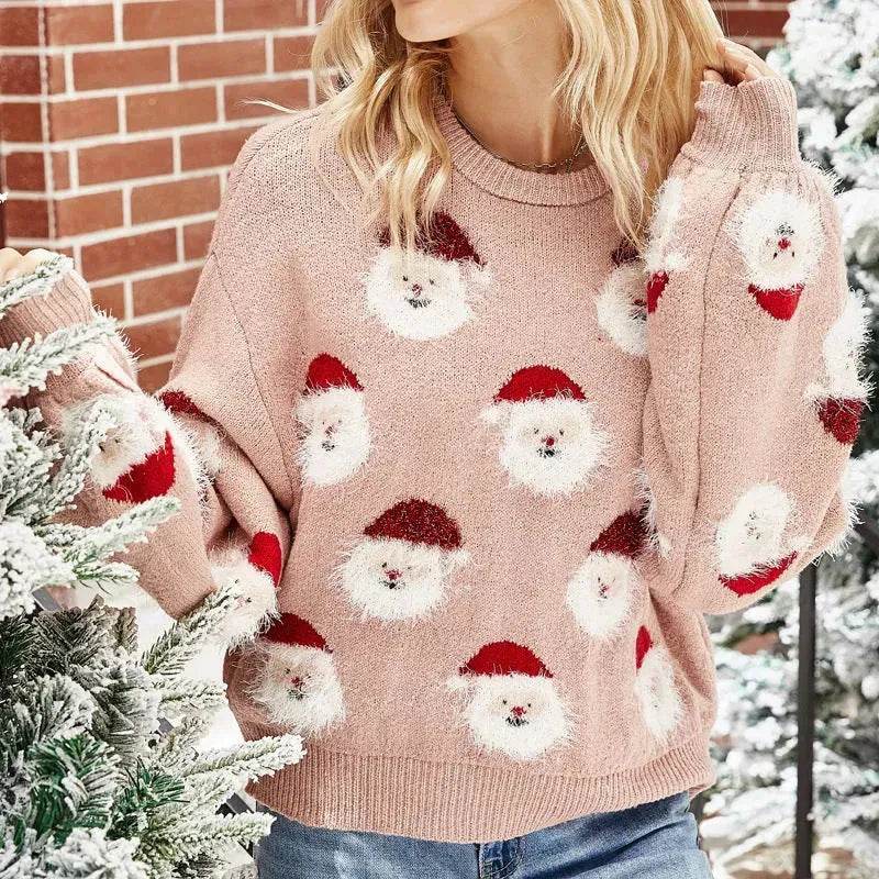 Christmas Sweater Women Cute Cartoon Santa Print Knit Sweater Winter Tops - www.Shopthatapp.com