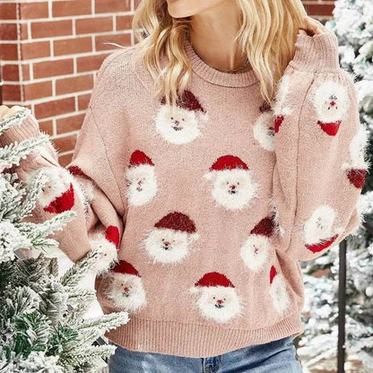 Christmas Sweater Women Cute Cartoon Santa Print Knit Sweater Winter Tops - www.Shopthatapp.com