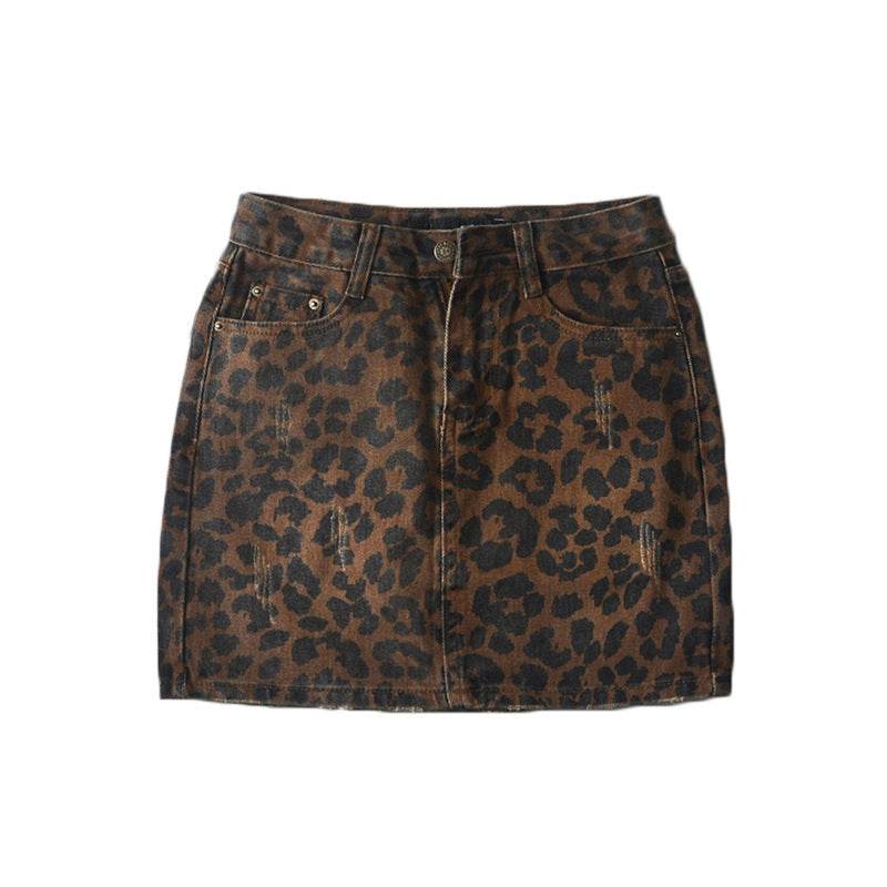Leopard Print Mini Denim Skirt Women's High Waist Pencil Skirt - www.Shopthatapp.com