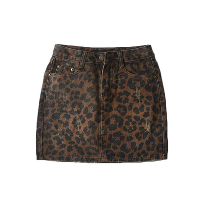 Leopard Print Mini Denim Skirt Women's High Waist Pencil Skirt - www.Shopthatapp.com