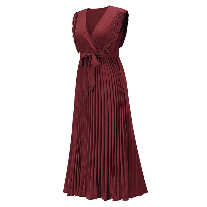 Maxi Dresses For Women - Elegant V Neck Ruffled Sleeves Empire Waist Pleated Flowy Dress - www.Shopthatapp.com
