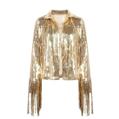 Women Fashion Long sleeve Tassel Sequin top jacket Y2K cropped jacket - www.Shopthatapp.com
