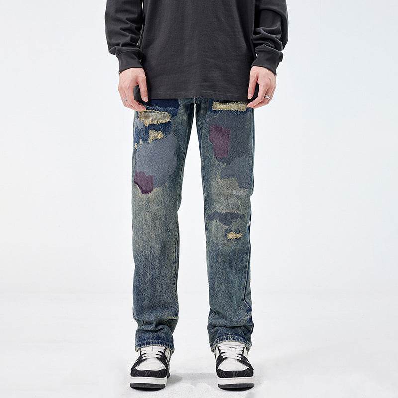 American Style Loose Broken Patch Straight Retro Denim Jeans pant Trousers Men - www.Shopthatapp.com
