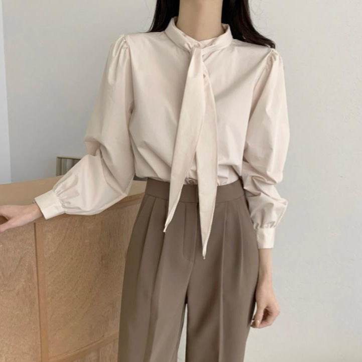 Spring New Gentle Lace-up Bow Tie Design Puff Sleeve Solid Color Shirt For Women - www.Shopthatapp.com