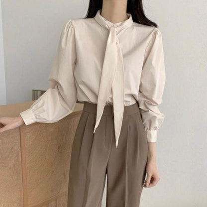 Spring New Gentle Lace-up Bow Tie Design Puff Sleeve Solid Color Shirt For Women - www.Shopthatapp.com
