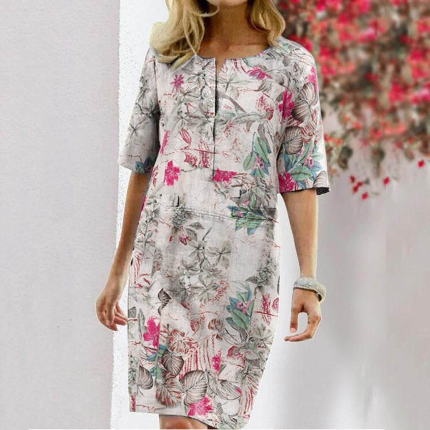 Vintage Dress Women Summer Floral Leaf Print Slit Round Neck Half Sleeve Dresses - www.Shopthatapp.com