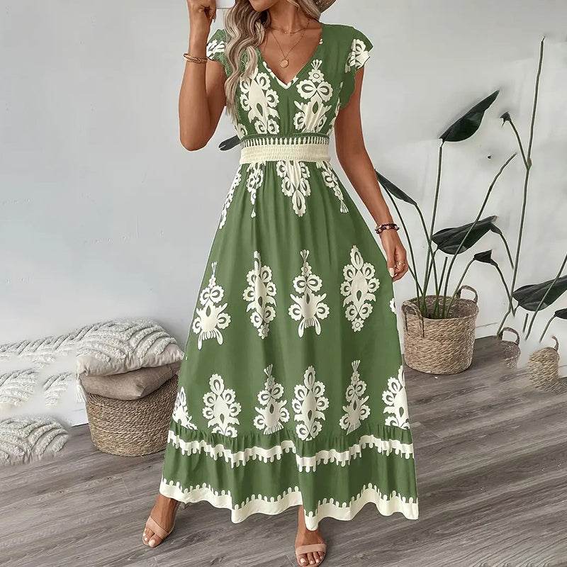 Women's Summer Flowy Maxi Dress Casual Cap Sleeve V Neck Smocked Waist Beach Sundress - www.Shopthatapp.com