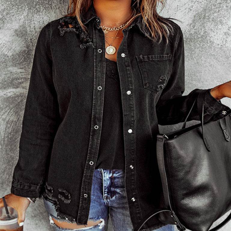 Long Sleeve Jeans Jacket Loose Fit Mid-Length Black - www.Shopthatapp.com