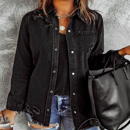 Long Sleeve Jeans Jacket Loose Fit Mid-Length Black - www.Shopthatapp.com