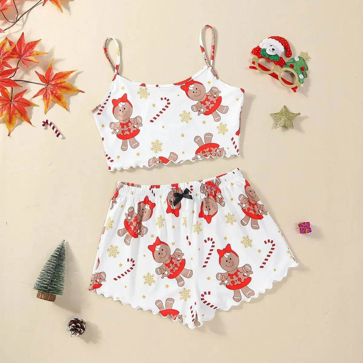 Christmas European And American Thin Pajamas Women's Sleeveless Shorts Milk Silk Simple Casual Two-piece Suit Homewear - www.Shopthatapp.com