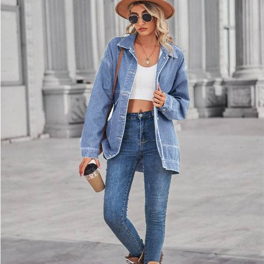 Loose Denim Jacket – Medium Length Cotton Streetwear - www.Shopthatapp.com