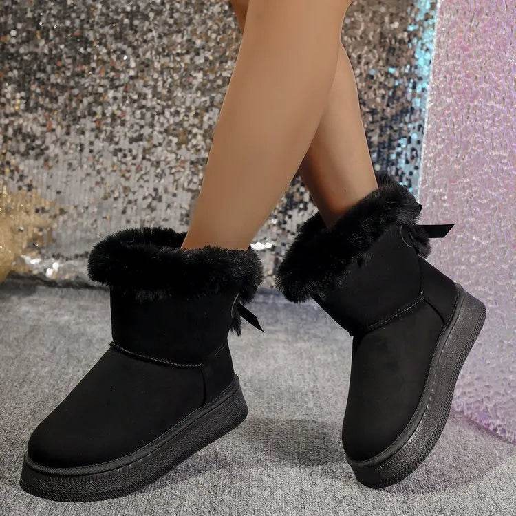 Winter Snow Boots With Bowknot Fashion Round Toe Flat Thickened Suede Cotton Shoes For Women Casual Warm Plush Short Boot - www.Shopthatapp.com
