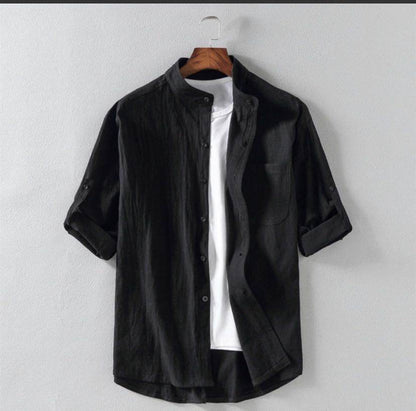 Men's Linen Stand Collar Loose Shirt - www.Shopthatapp.com