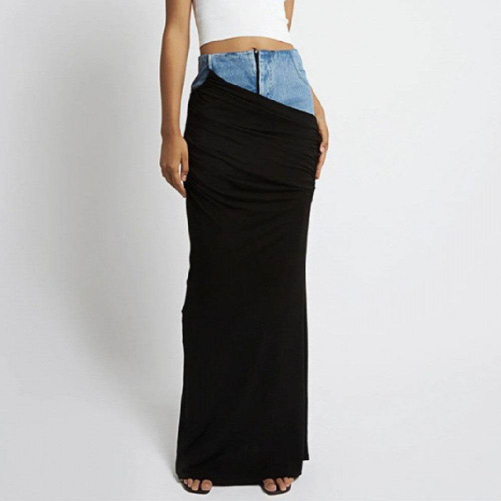Fashion Black Panel Long Pencil Denim Skirt - www.Shopthatapp.com