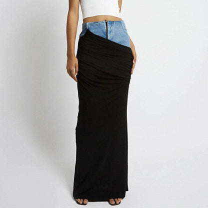 Fashion Black Panel Long Pencil Denim Skirt - www.Shopthatapp.com