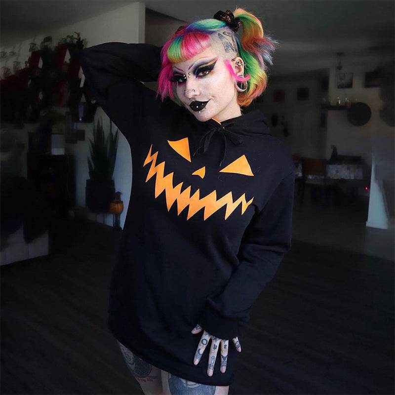 Halloween Costume Pumpkin Print Long Sleeve Hoodie Dress - www.Shopthatapp.com