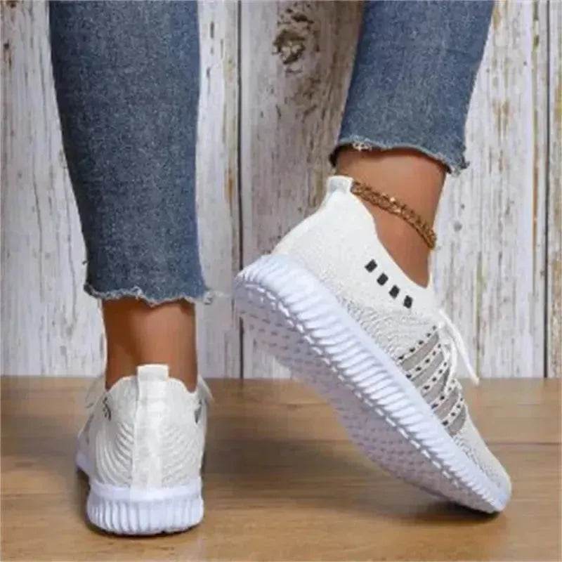 Casual Lace-up Mesh Sneakers Breathable Flying Woven Round Toe Walking Running Sports Shoes for Women - www.Shopthatapp.com