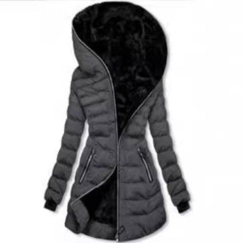 Hooded Warm Fleece Padded Jacket Mid-length Jacket Black Padded Jacket - www.Shopthatapp.com