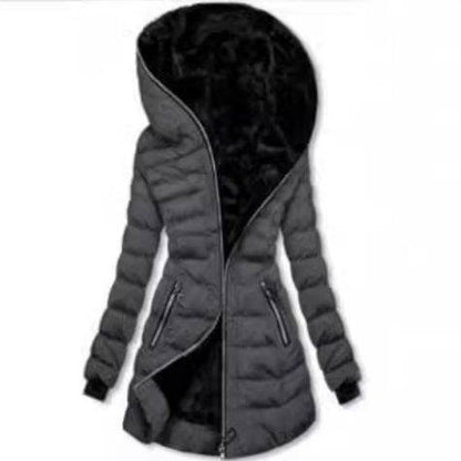 Hooded Warm Fleece Padded Jacket Mid-length Jacket Black Padded Jacket - www.Shopthatapp.com