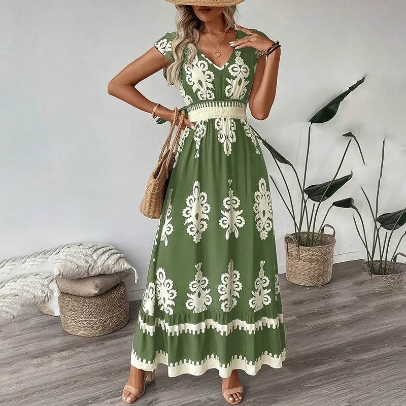 Women's Summer Flowy Maxi Dress Casual Cap Sleeve V Neck Smocked Waist Beach Sundress - www.Shopthatapp.com