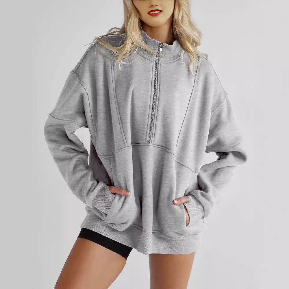 Women's Half Zipper Pocket Fashion Casual Exercise Oversized Sweatshirt Pullover - www.Shopthatapp.com