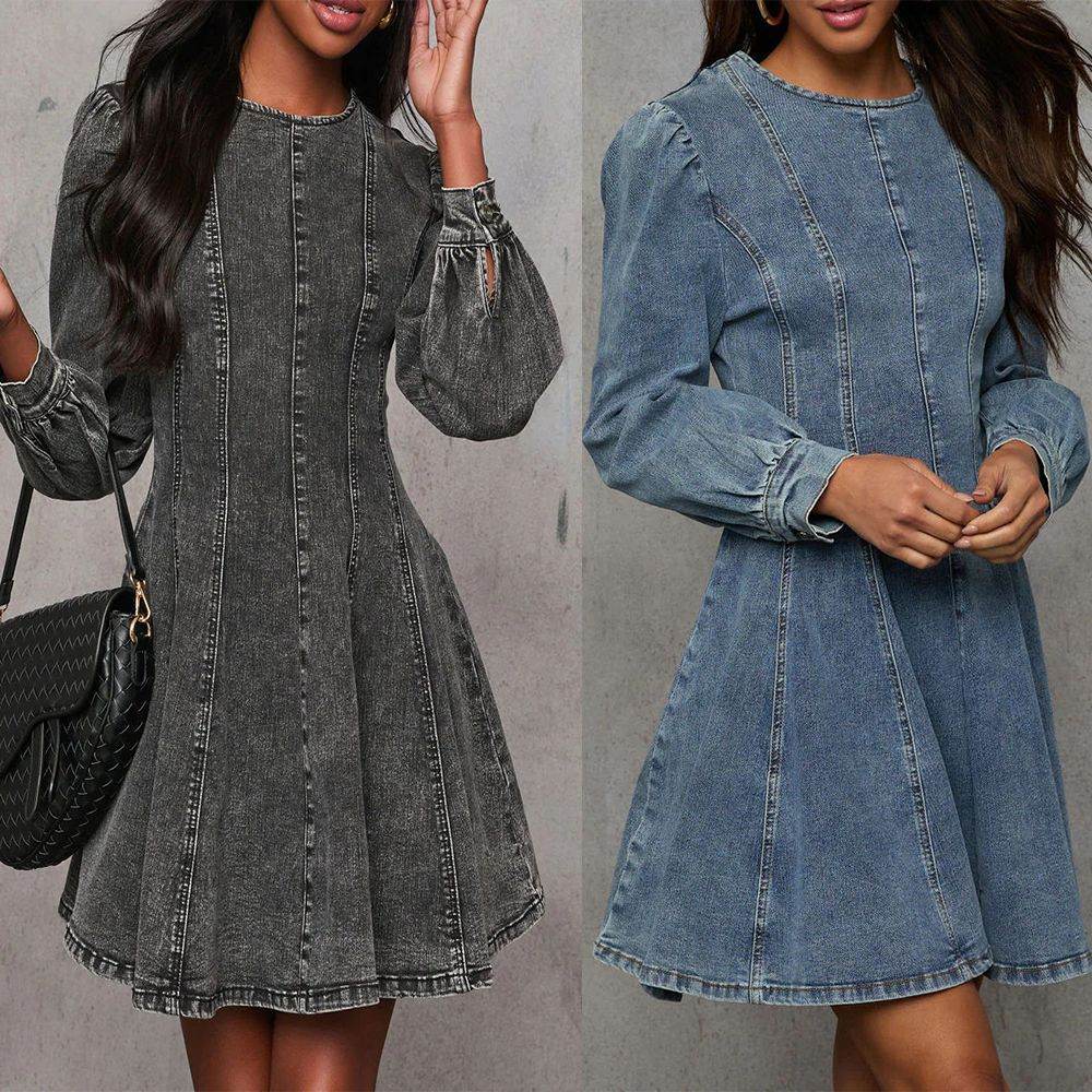 Elegant Patchwork Waist-slimming Women's Denim Long Sleeve Dress - www.Shopthatapp.com