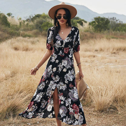 Floral Summer Beach Dress With V Neck Elastic Waist Dresses For Women - www.Shopthatapp.com