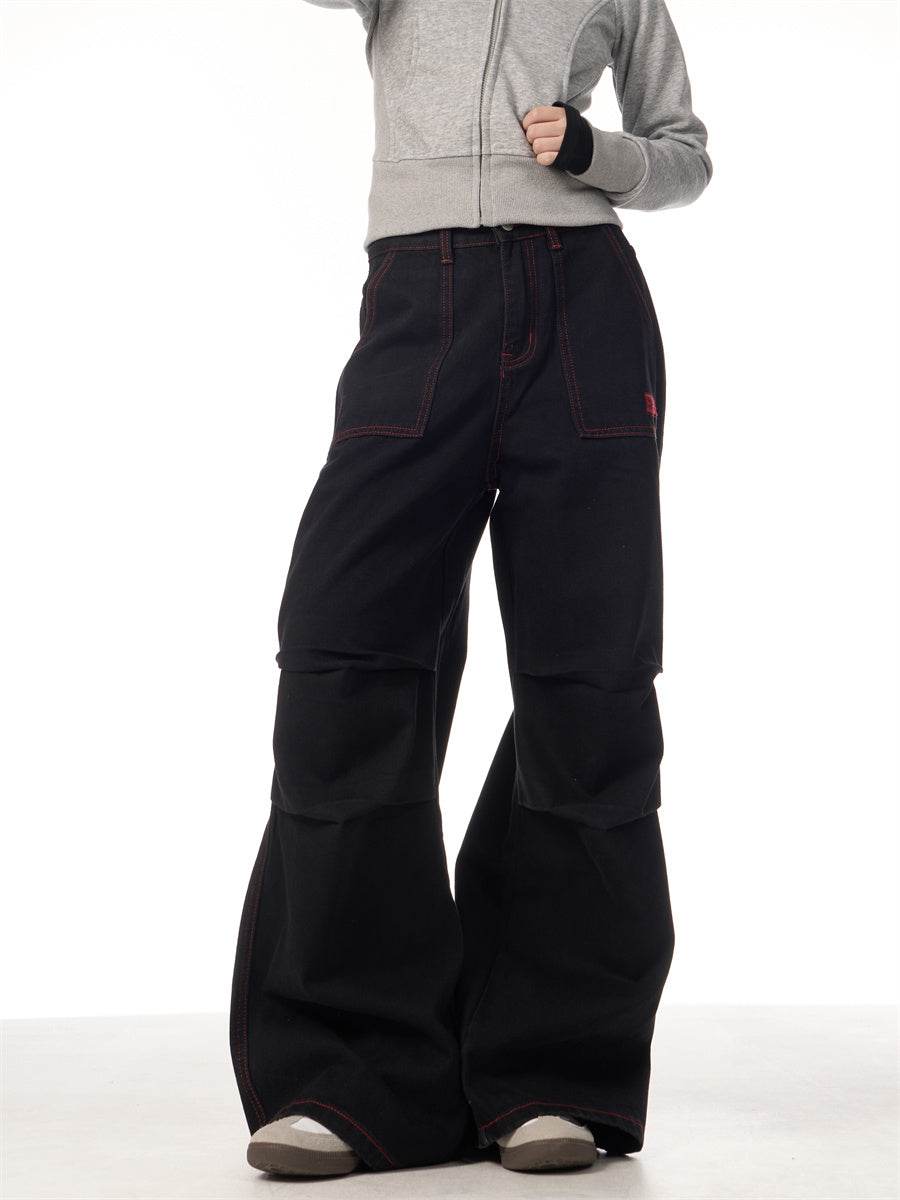 Contrasting Color Of Black And Red Workwear With Pocket Trousers - www.Shopthatapp.com