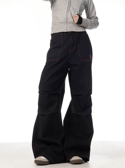 Contrasting Color Of Black And Red Workwear With Pocket Trousers - www.Shopthatapp.com