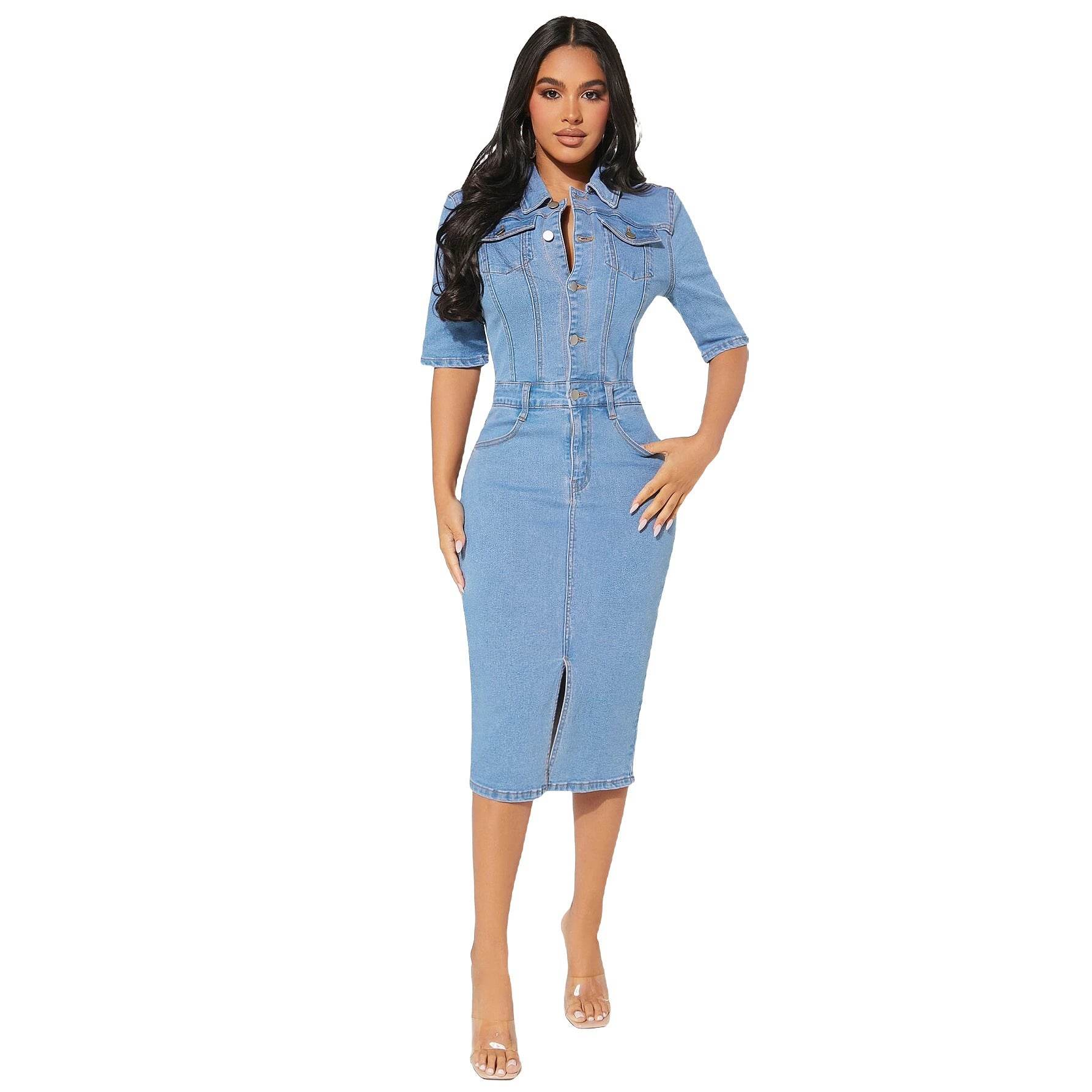 Women's Fashion Personality fitted Denim Hip-wrapped Jeans Midi straight cut front split Dress - www.Shopthatapp.com