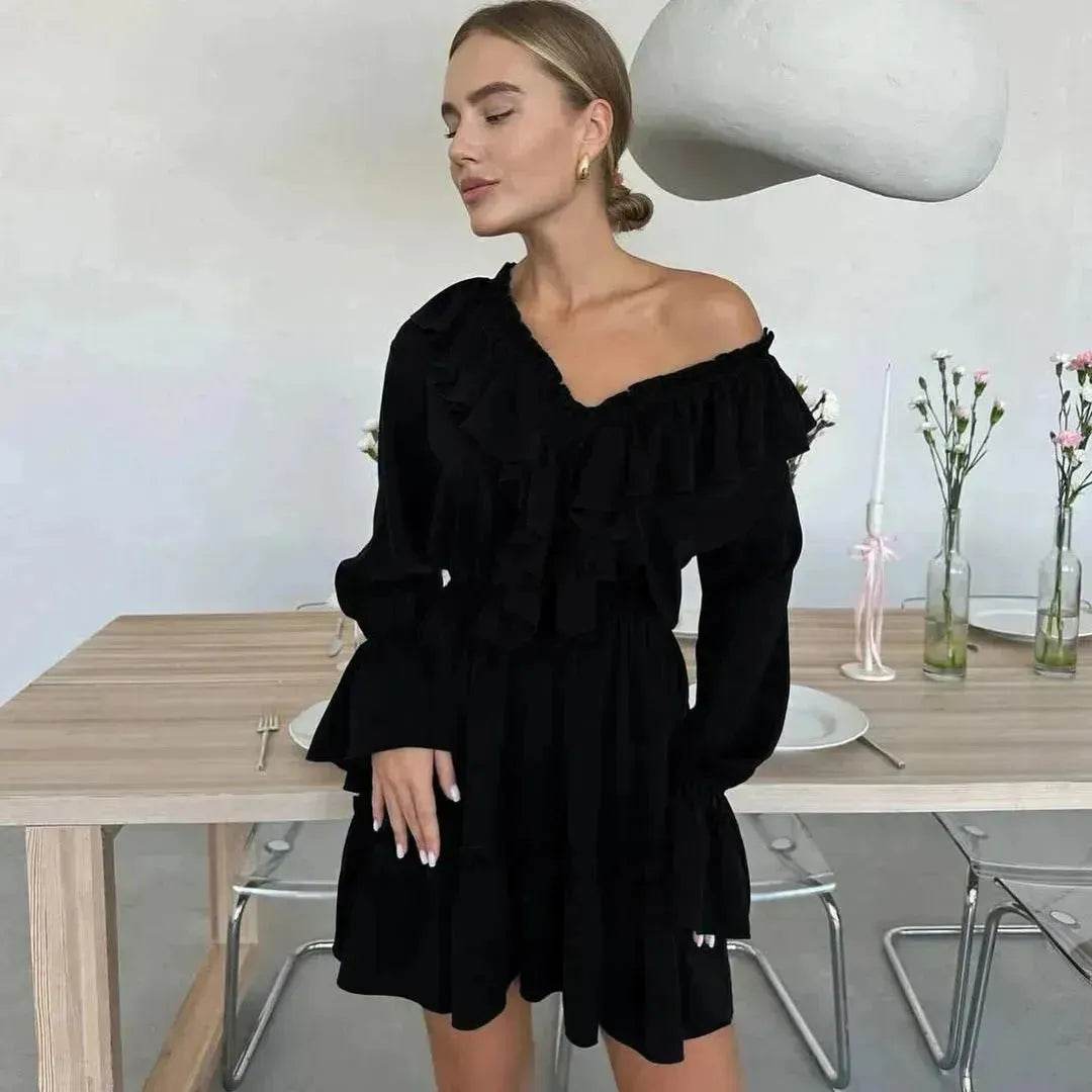 Casual Fashion V Neck Pleated Ruffle Long Sleeve Dress Y2K V Neck Flared Sleeve Short Mini Skater Dress Women's Clothing - www.Shopthatapp.com
