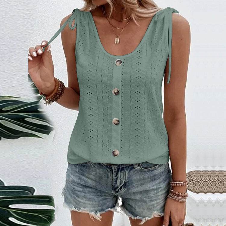 Casual summer U-neck Vest Women Shoulder With Bow Tie Summer blouse top - www.Shopthatapp.com