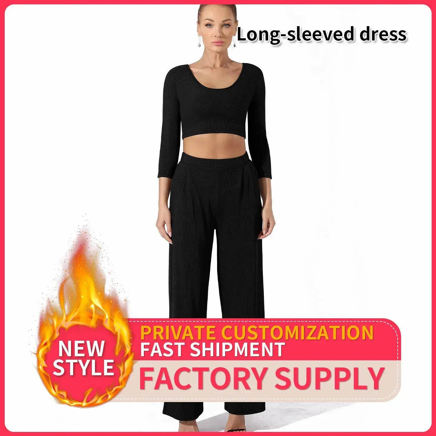 Women Fashion Casual Matching 2pcs set Long Sleeve Crop top and Pant set - www.Shopthatapp.com