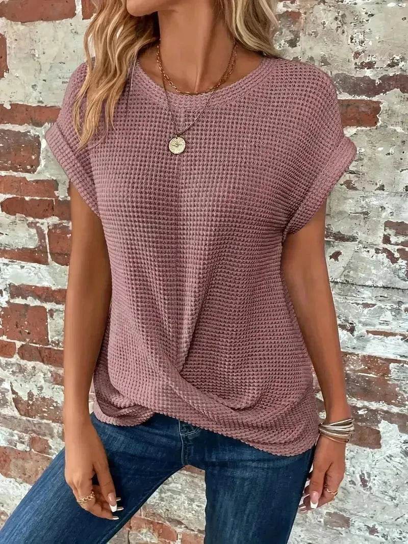 Casual Summer Short-sleeved Waffle blouse Top Summer New Solid Color Casual Evening Top For Women - www.Shopthatapp.com