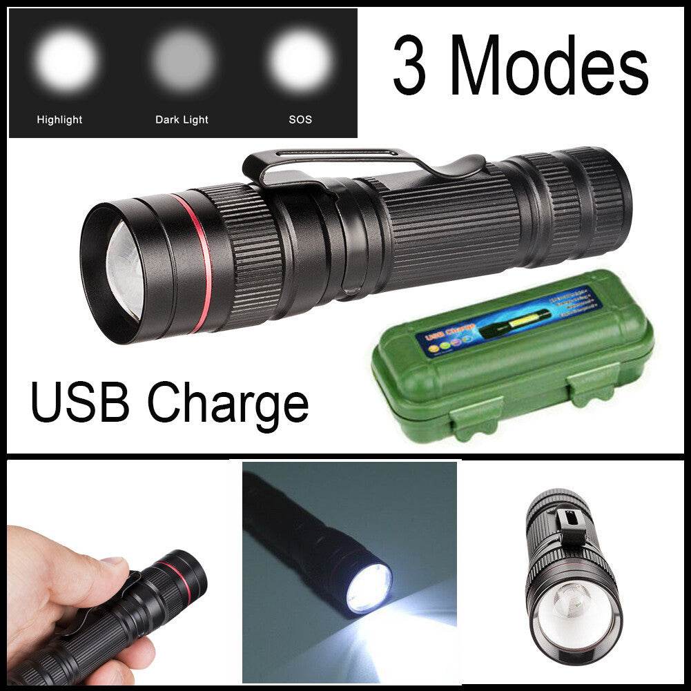 LED Military Flashlight USB Rechargeable Tactical Zoom Handheld Torch - www.Shopthatapp.com