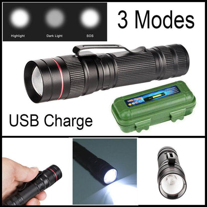 LED Military Flashlight USB Rechargeable Tactical Zoom Handheld Torch
