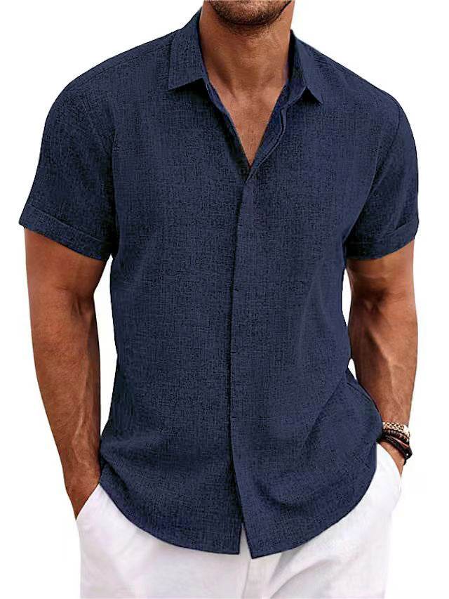 Men's Solid Color Loose Linen Short-sleeved shirt - www.Shopthatapp.com