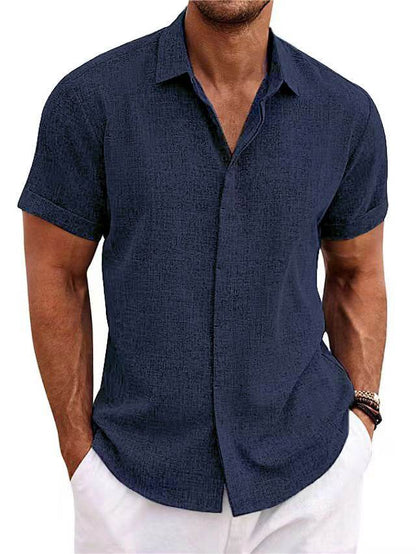 Men's Solid Color Loose Linen Short-sleeved shirt - www.Shopthatapp.com