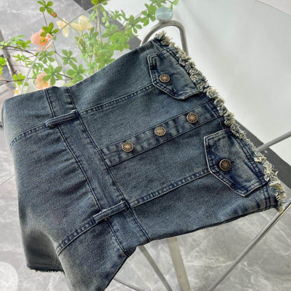 Design Waist-tight Tube Top Raw Edge Denim jeans mini club Dress - www.Shopthatapp.com