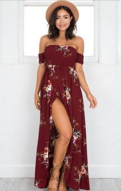 Elegant Ladies Summer Boho Vacation Resort Slit Maxi dress off shoulder Long floral Beach summer slit dress - www.Shopthatapp.com