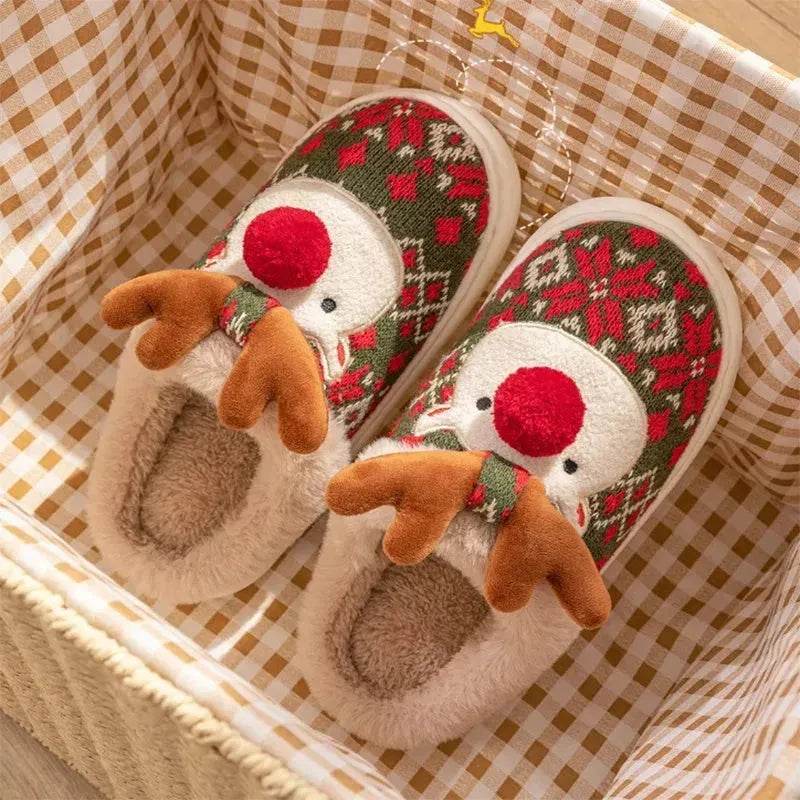 Cute Christmas Elk Plush Slippers Winter Ins Fashion Non-slip Floor Bedroom Home Slippers For Women Fuzzy House Shoes - www.Shopthatapp.com