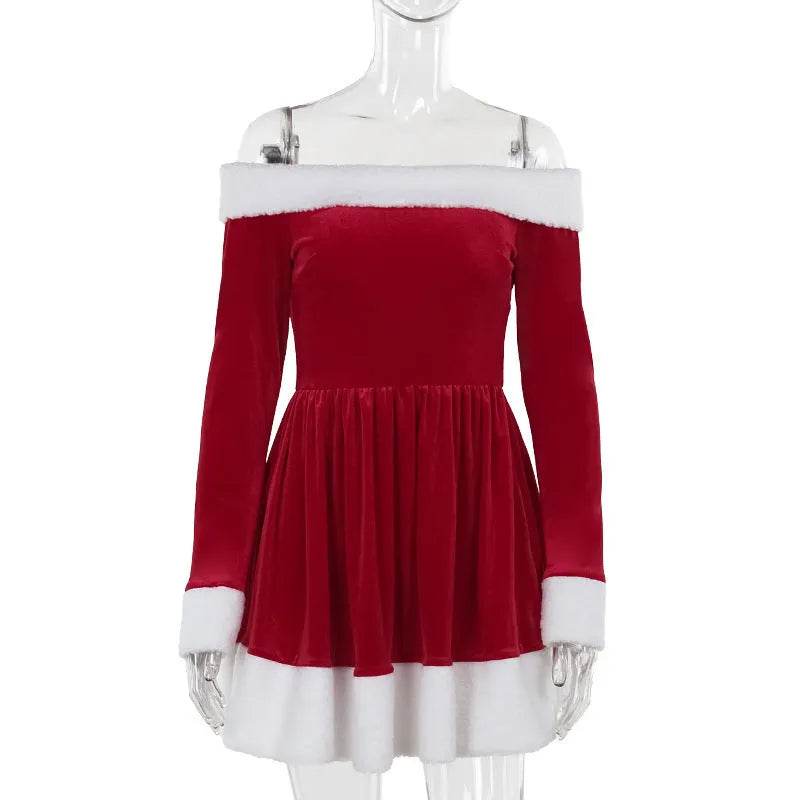 Women's Christmas Costume Santa Dress Plush Trim Boat-Neck Off-Shoulder Sleeve Dress New Year Party Cosplay Costume - www.Shopthatapp.com