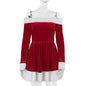 Women's Christmas Costume Santa Dress Plush Trim Boat-Neck Off-Shoulder Sleeve Dress New Year Party Cosplay Costume - www.Shopthatapp.com