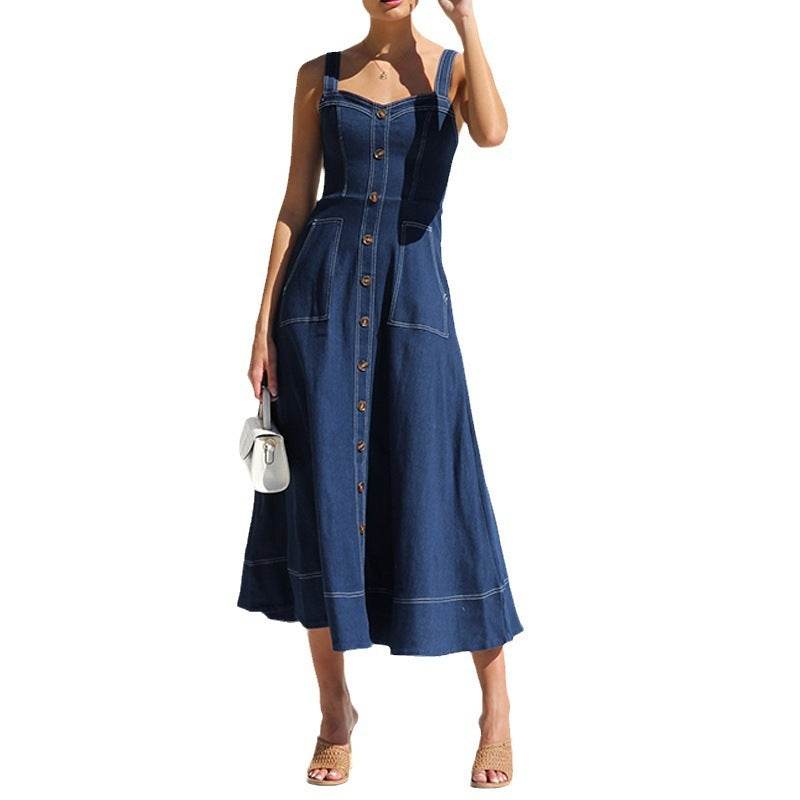 Women Sleeveless Sling Distressed Casual Style Button Denim Long Dress - www.Shopthatapp.com