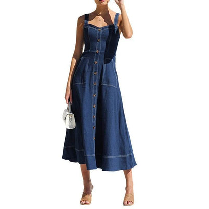 Women Sleeveless Sling Distressed Casual Style Button Denim Long Dress - www.Shopthatapp.com