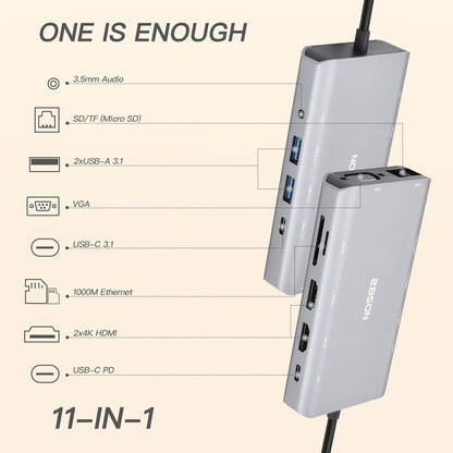 Station d'accueil USB-C 2 ports HDMI 11 en 1, triple écran, hub USB-C 2 ports HDMI et VGA